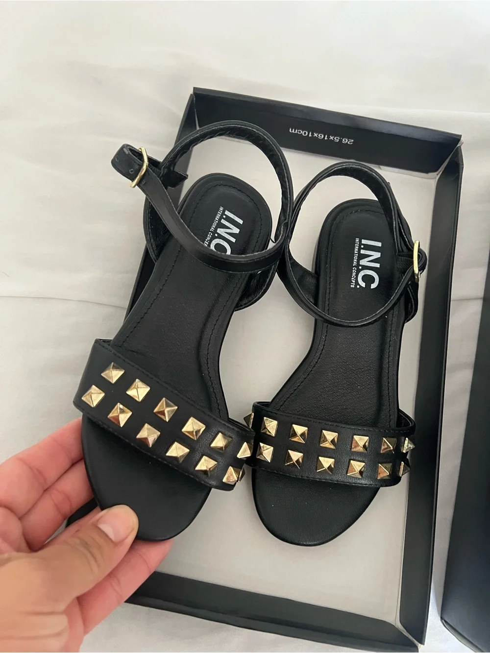 NYC Black Sandals with Gold Pyramid Studs